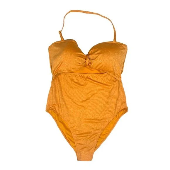 BCBG Paris Knotted Bandeau Adjustable Strap 1PC Swimsuit Shimmer Gold XXL New - Picture 3 of 7